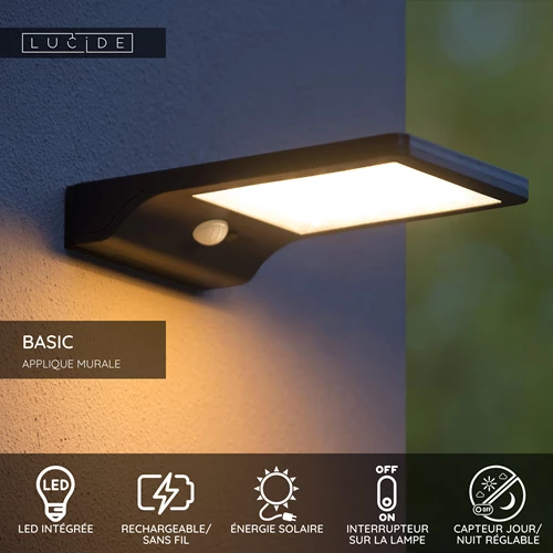 Lucide BASIC - Applique murale- Énergie Solaire - LED - 1x3W 2700K - IP44- Détecteur De Mouvement & Jour/Nuit - Noir - USP